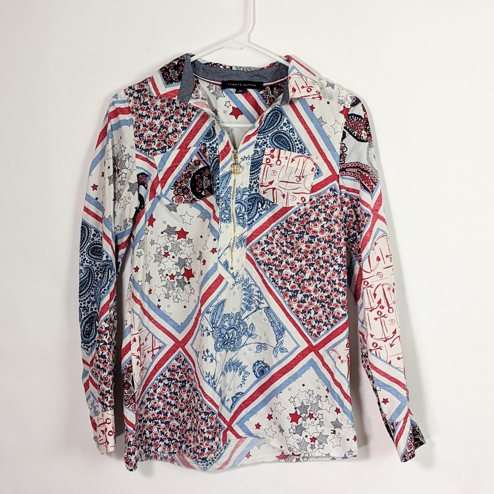 Tommy Hilfiger Patchwork Popover Zip Neck Blouse - image 1